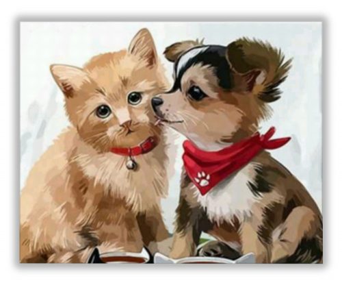 Kutya Cica Barátság - számfestő készlet kezdőknek (20x30cm)