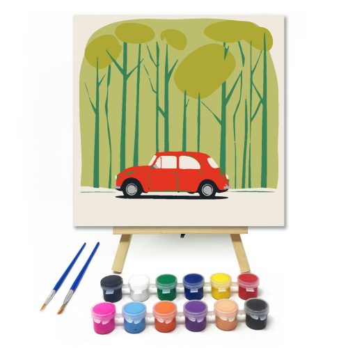 Piros autó zöld erdőben - gyerek számfestő készlet